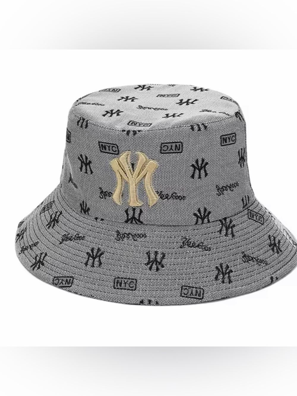 Macy's Grey Bucket Hat with Black NYC Print and Gold Logo